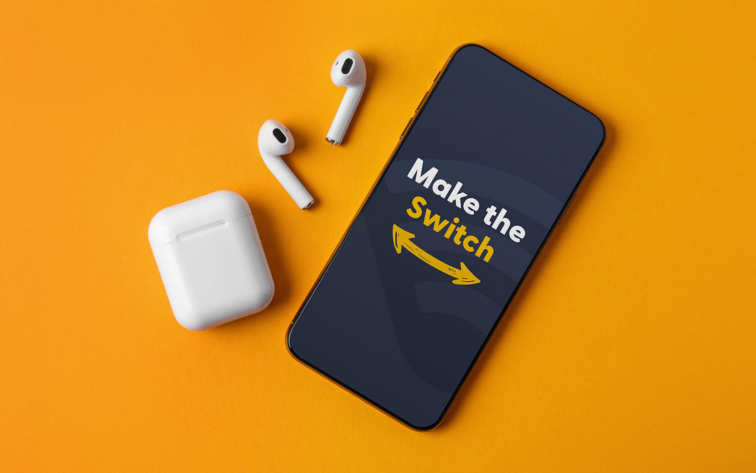 Phone and headphones encouraging an audiobook service switch