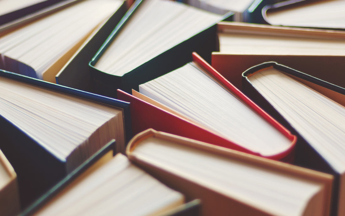 Tops of books grouped together