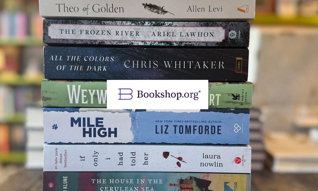 Bookshop.org logo with book stack of popular titles