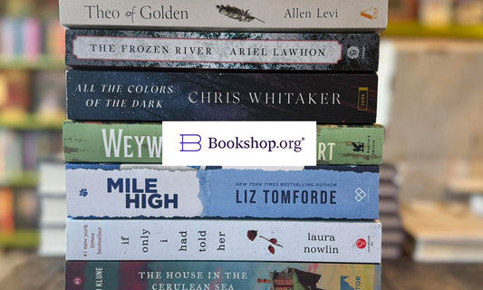 Bookshop.org logo with book stack of popular titles