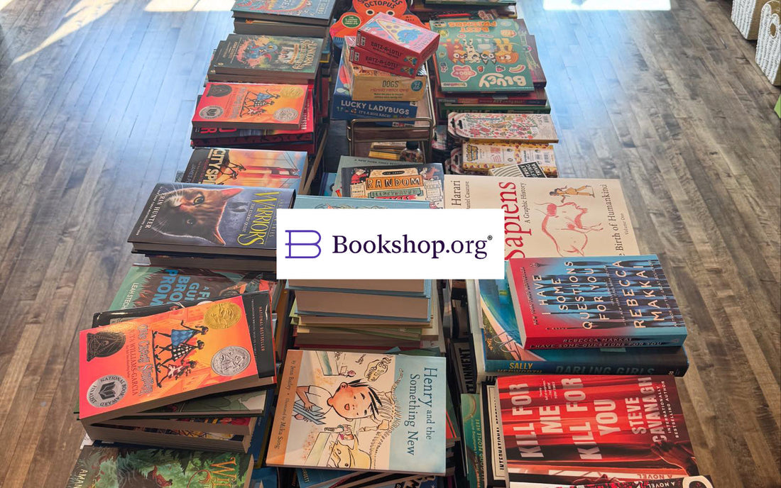 Books on table with Bookshop.org logo